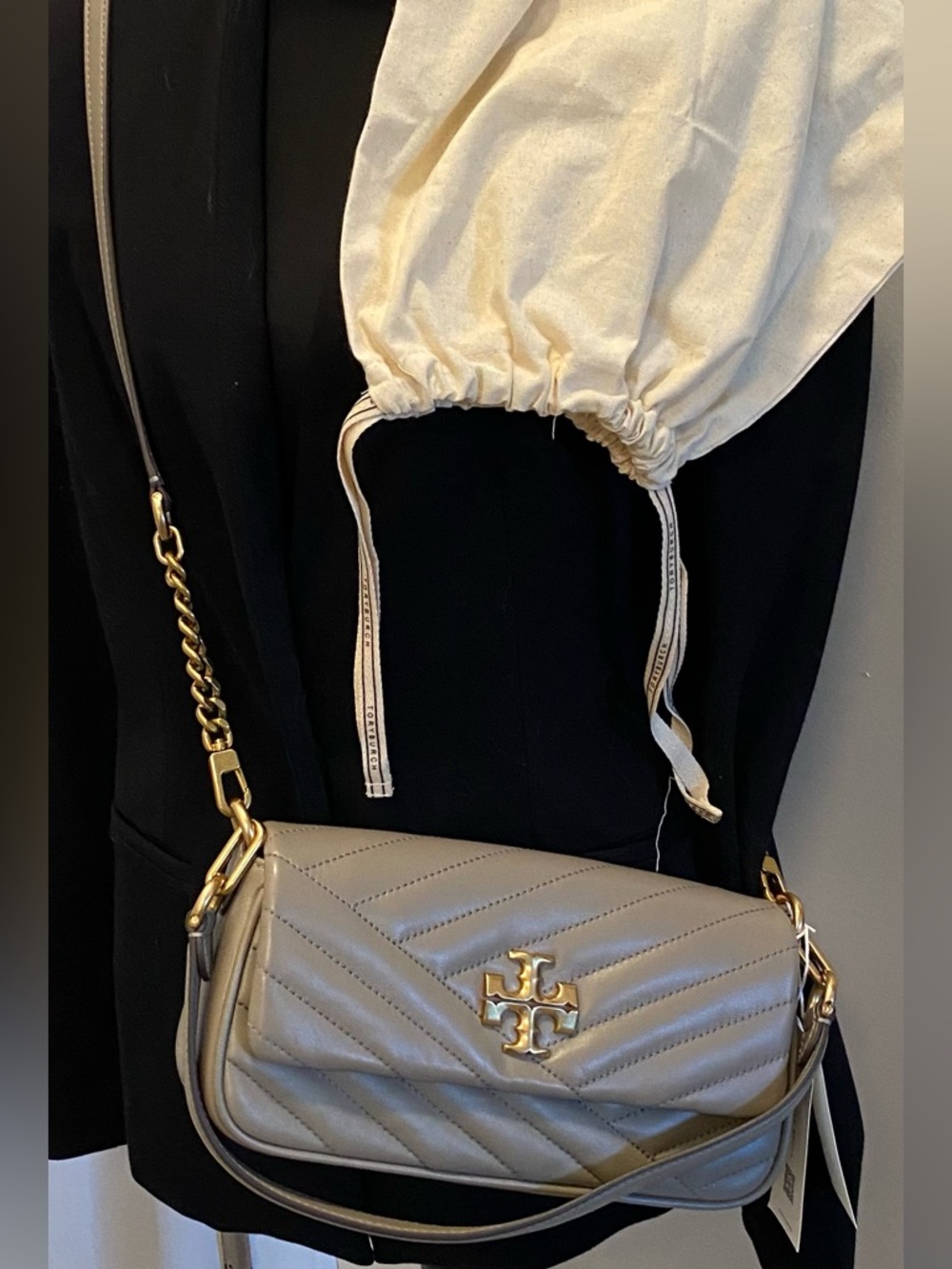 Tory Burch Kira Chevron Small Flap Shoulder Bag Grey Heron-NWT